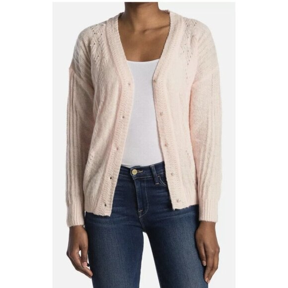 FRNCH Laeila V-neck Pointelle Cardigan In‎ Light Pink Pearlized Embellishments M - Picture 1 of 9